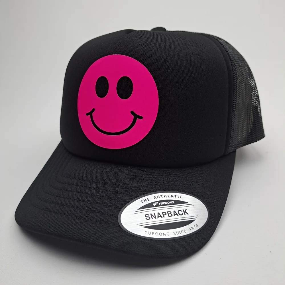 Smiley Face Glow in the Dark Pink Foam Trucker Mesh Snapback Cap Hat Black
